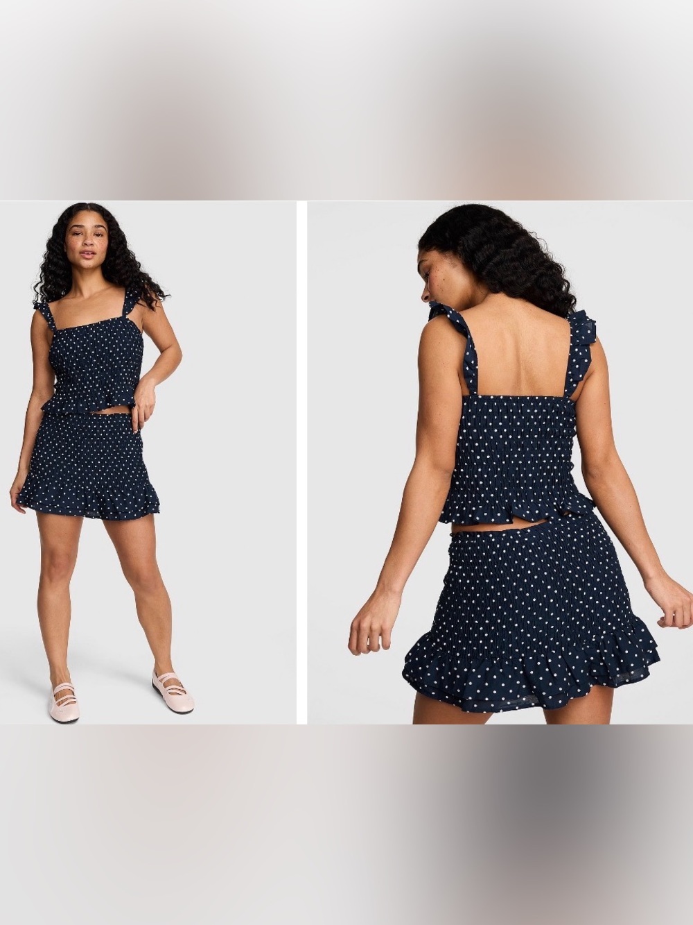 2 pc PINK Victoria's Secret Navy Blue Polka Dot Ruffle Mini Skirt & Matching Top